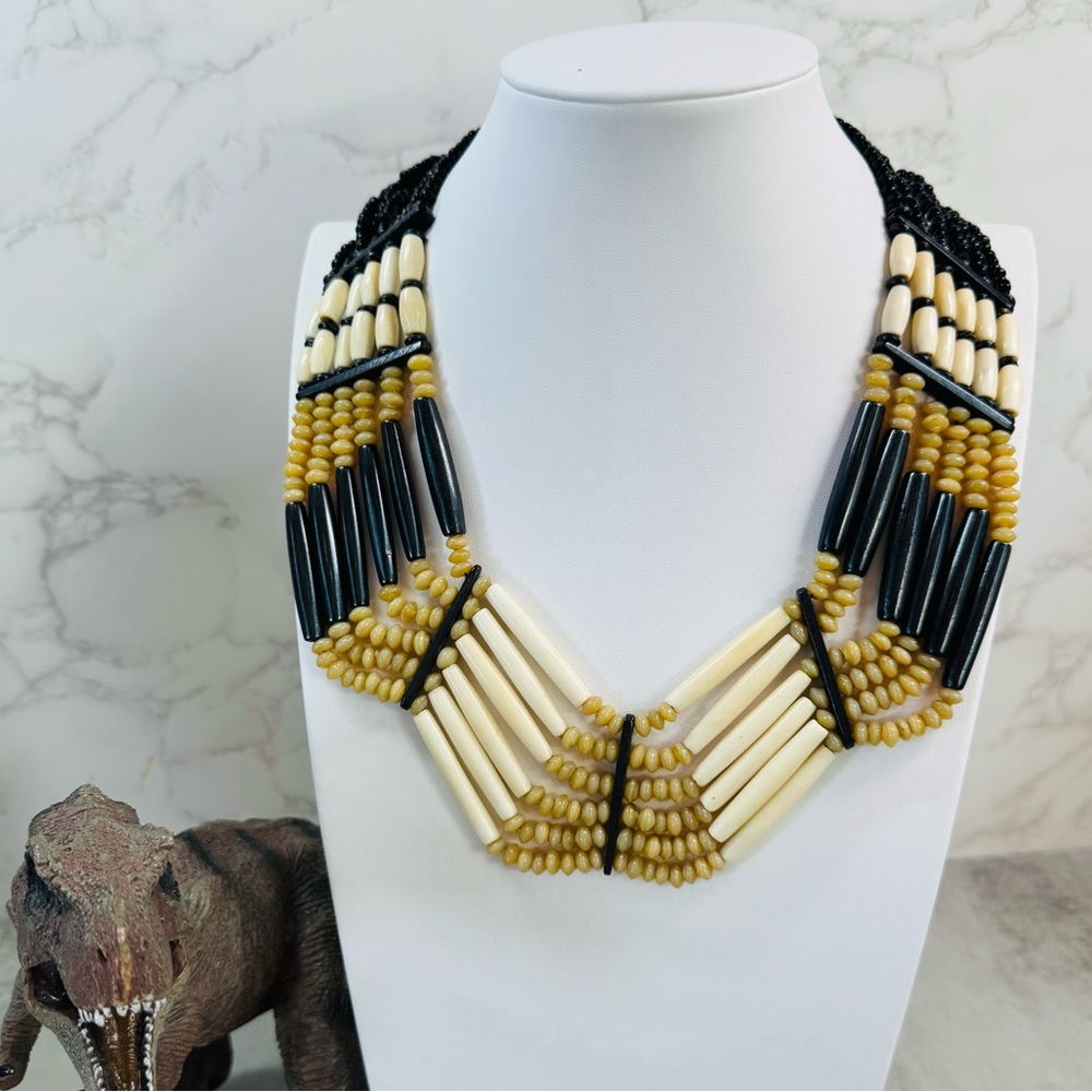 Vintage Artisan Handmade Bone, Glass and Horn Tribal Necklace 18-20 in. - Picture 3 of 15